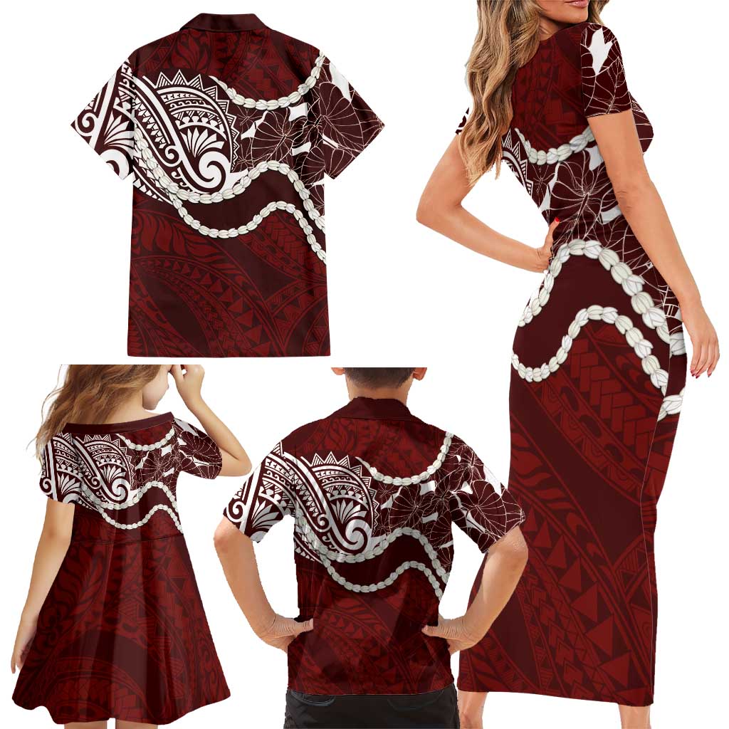 Aloha Hawaii Kalo Pikake Lei Family Matching Short Sleeve Bodycon Dress and Hawaiian Shirt Chest Tattoo Oxblood Hawaiian Pattern