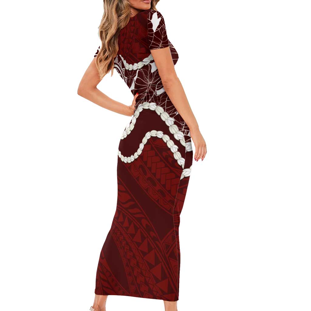 Aloha Hawaii Kalo Pikake Lei Family Matching Short Sleeve Bodycon Dress and Hawaiian Shirt Chest Tattoo Oxblood Hawaiian Pattern