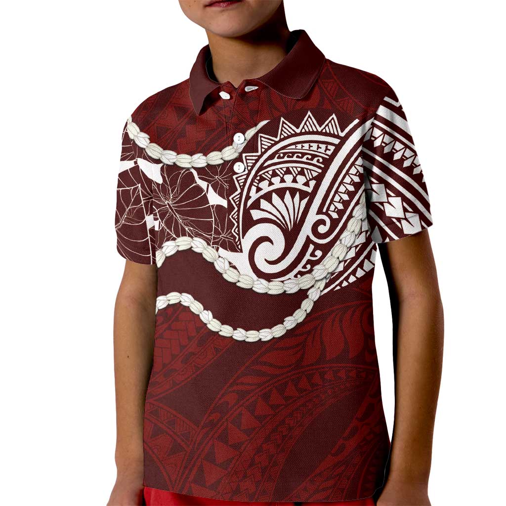 Aloha Hawaii Kalo Pikake Lei Kid Polo Shirt Chest Tattoo Oxblood Hawaiian Pattern LT14 Kid Oxblood - Polynesian Pride
