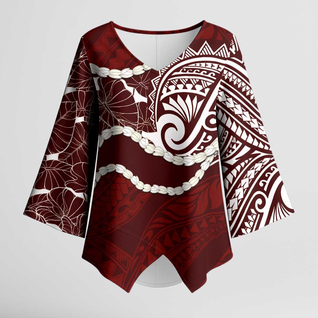 Aloha Hawaii Kalo Pikake Lei Kimono Sleeve Blouse Chest Tattoo Oxblood Hawaiian Pattern