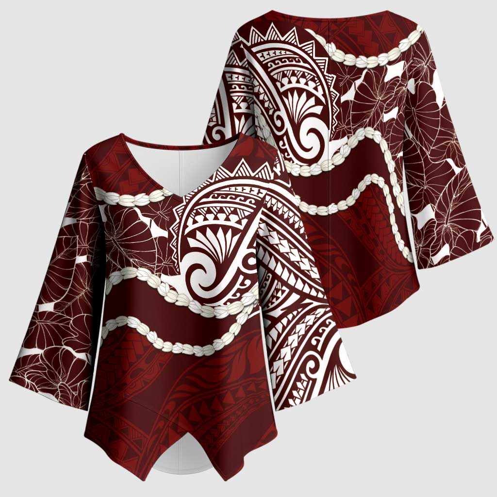 Aloha Hawaii Kalo Pikake Lei Kimono Sleeve Blouse Chest Tattoo Oxblood Hawaiian Pattern