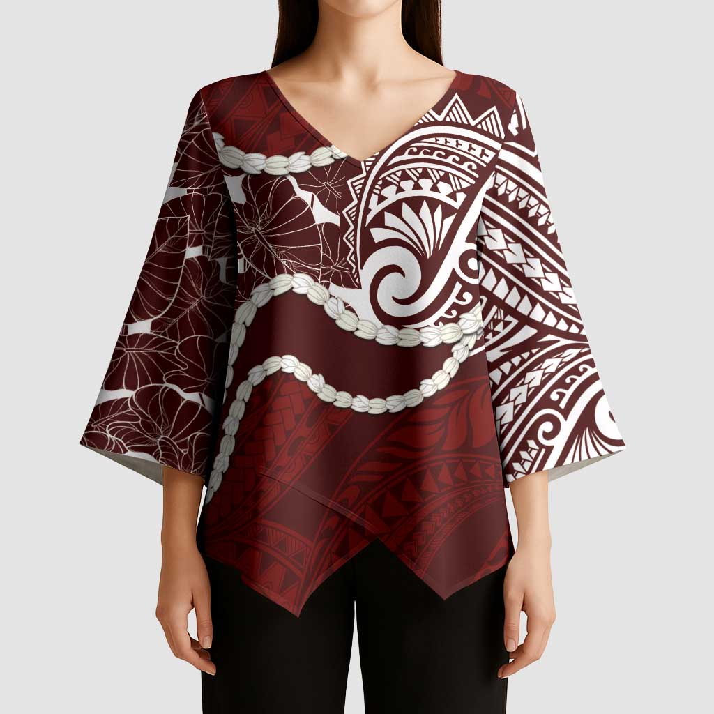Aloha Hawaii Kalo Pikake Lei Kimono Sleeve Blouse Chest Tattoo Oxblood Hawaiian Pattern