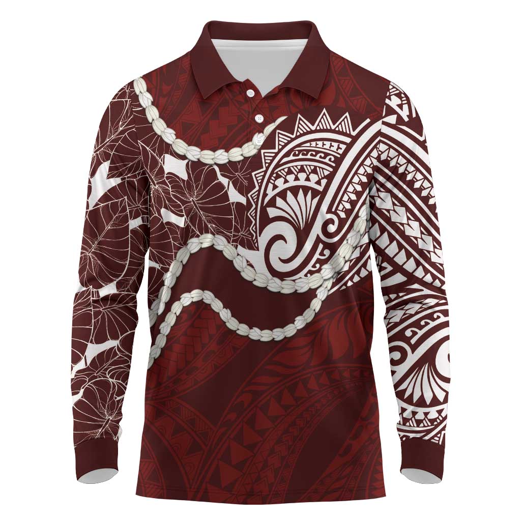 Aloha Hawaii Kalo Pikake Lei Long Sleeve Polo Shirt Chest Tattoo Oxblood Hawaiian Pattern
