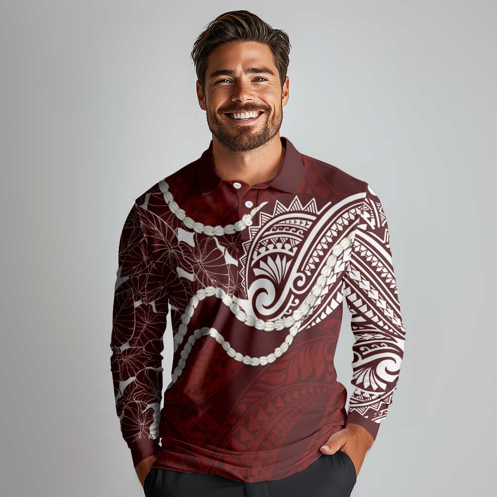 Aloha Hawaii Kalo Pikake Lei Long Sleeve Polo Shirt Chest Tattoo Oxblood Hawaiian Pattern
