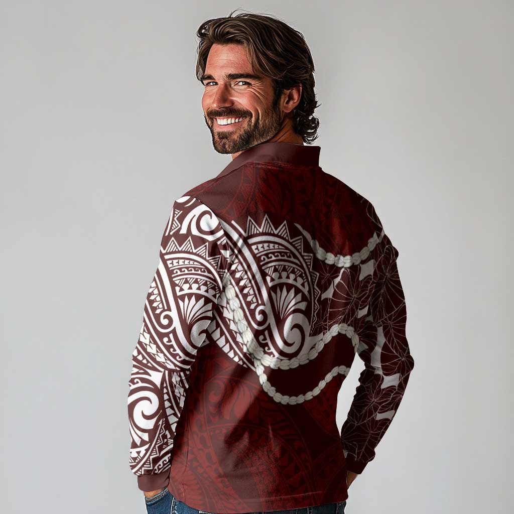 Aloha Hawaii Kalo Pikake Lei Long Sleeve Polo Shirt Chest Tattoo Oxblood Hawaiian Pattern