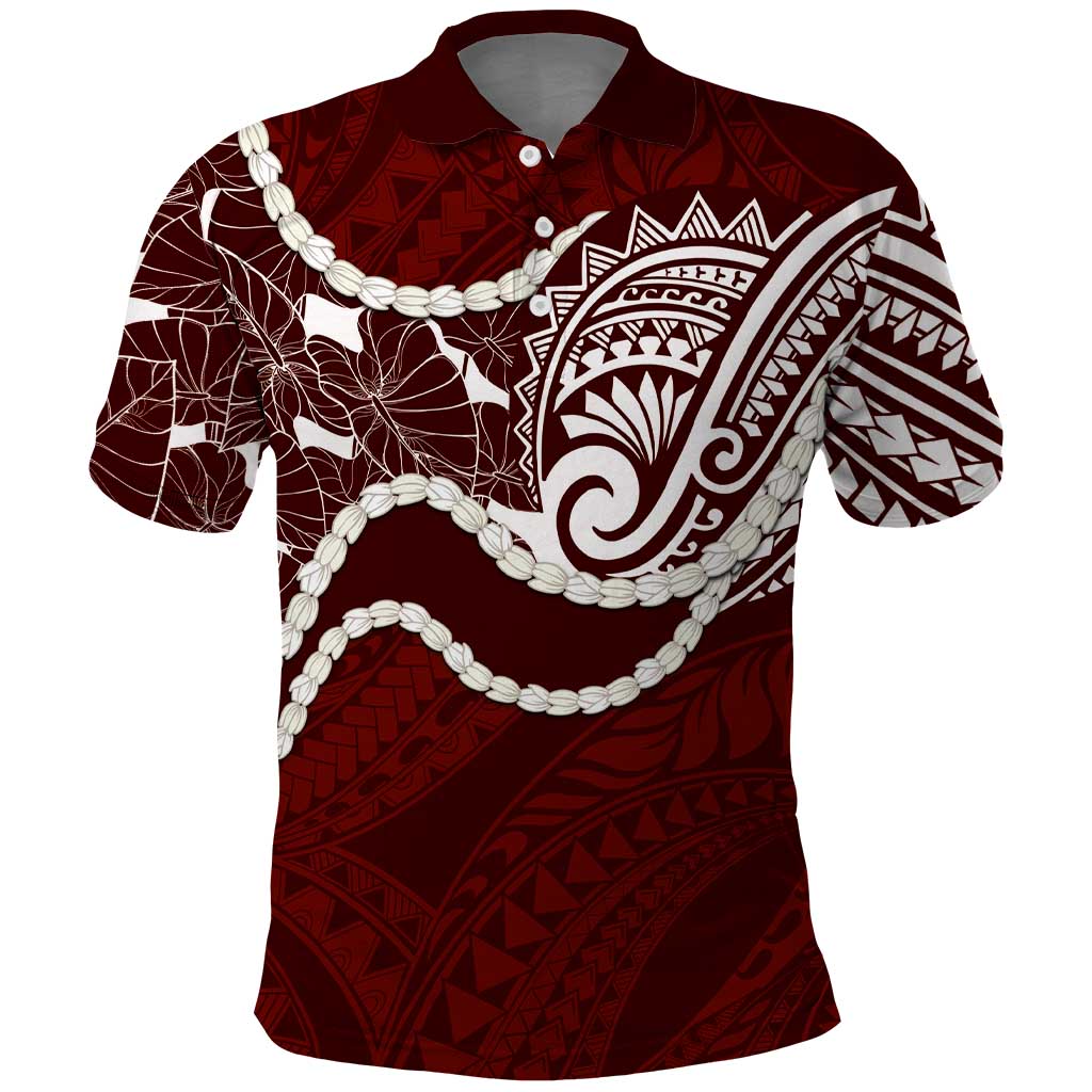 Aloha Hawaii Kalo Pikake Lei Polo Shirt Chest Tattoo Oxblood Hawaiian Pattern