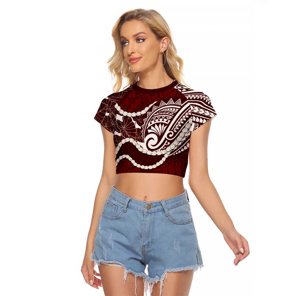 Aloha Hawaii Kalo Pikake Lei Raglan Cropped T Shirt Chest Tattoo Oxblood Hawaiian Pattern