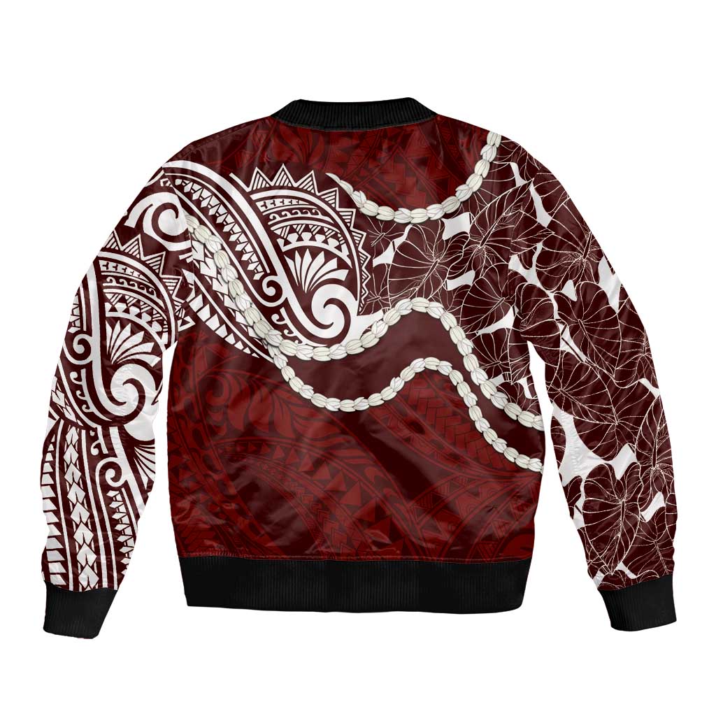 Aloha Hawaii Kalo Pikake Lei Sleeve Zip Bomber Jacket Chest Tattoo Oxblood Hawaiian Pattern LT14 - Polynesian Pride