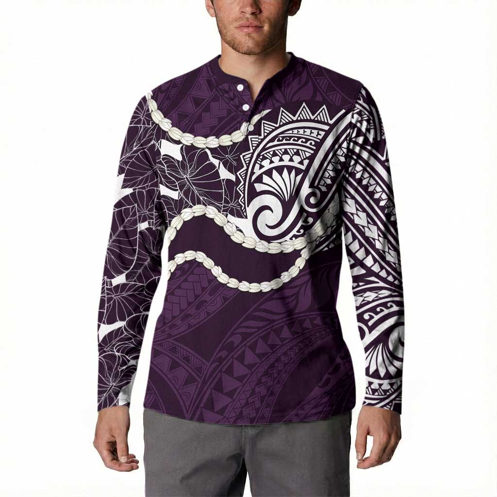 Aloha Hawaii Kalo Pikake Lei Button Sweatshirt Chest Tattoo Purple Hawaiian Pattern