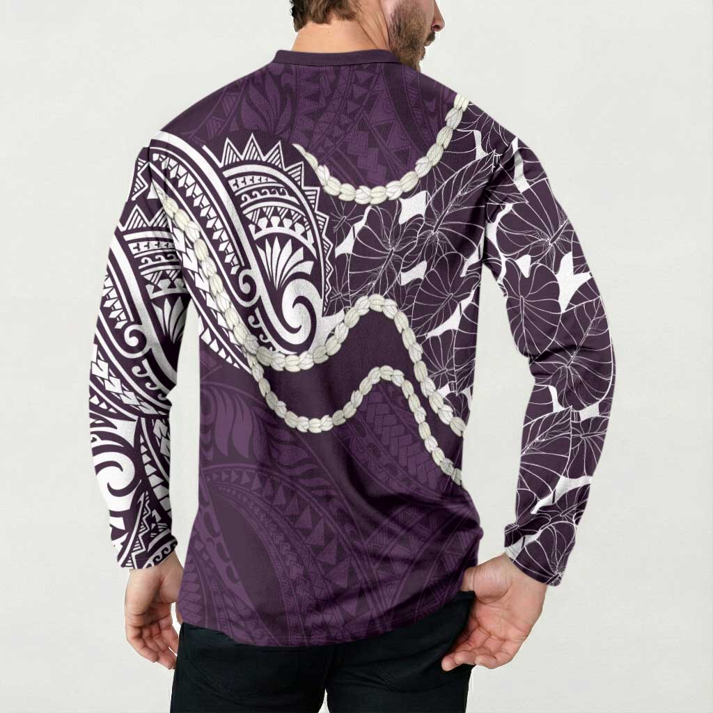 Aloha Hawaii Kalo Pikake Lei Button Sweatshirt Chest Tattoo Purple Hawaiian Pattern