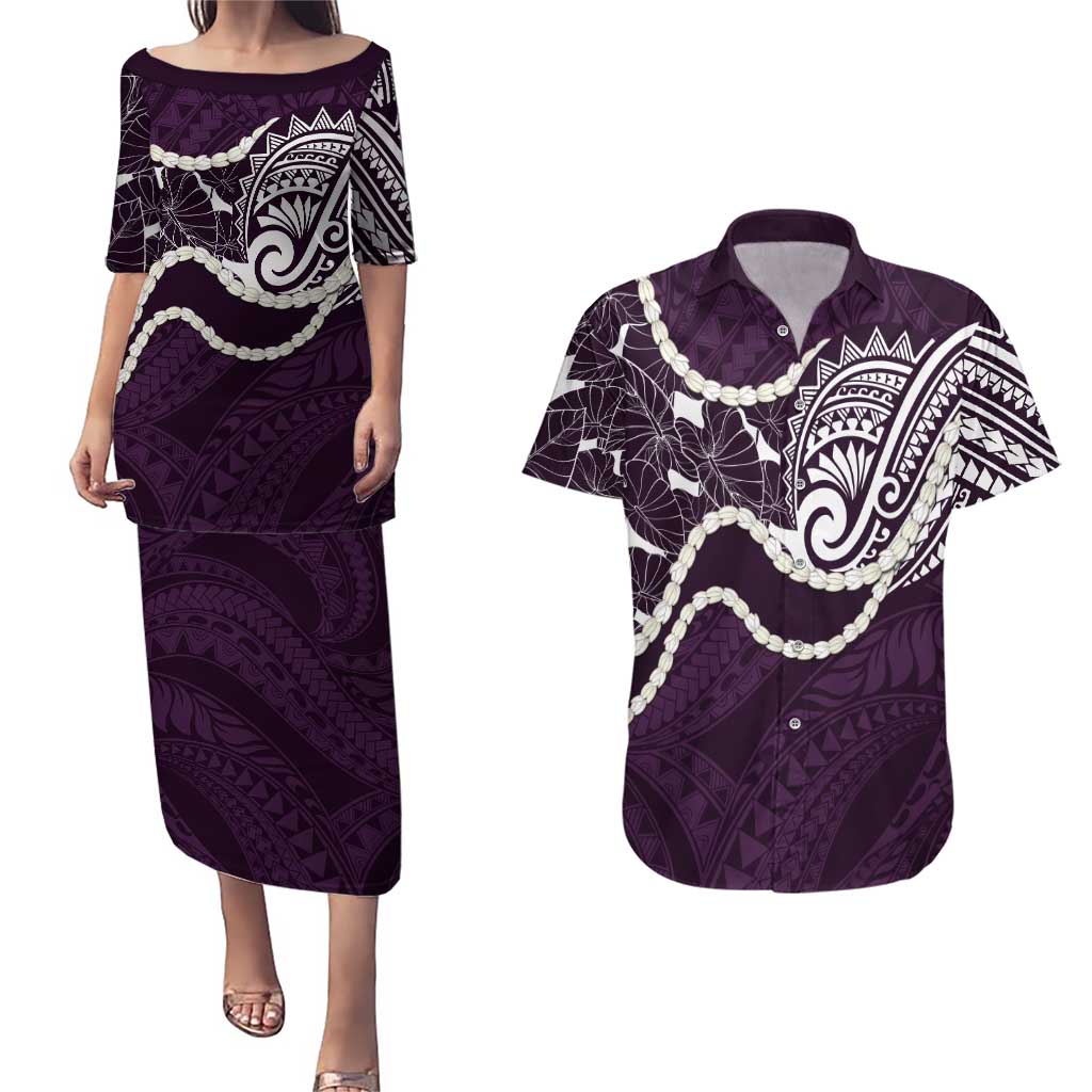 Aloha Hawaii Kalo Pikake Lei Couples Matching Puletasi and Hawaiian Shirt Chest Tattoo Purple Hawaiian Pattern