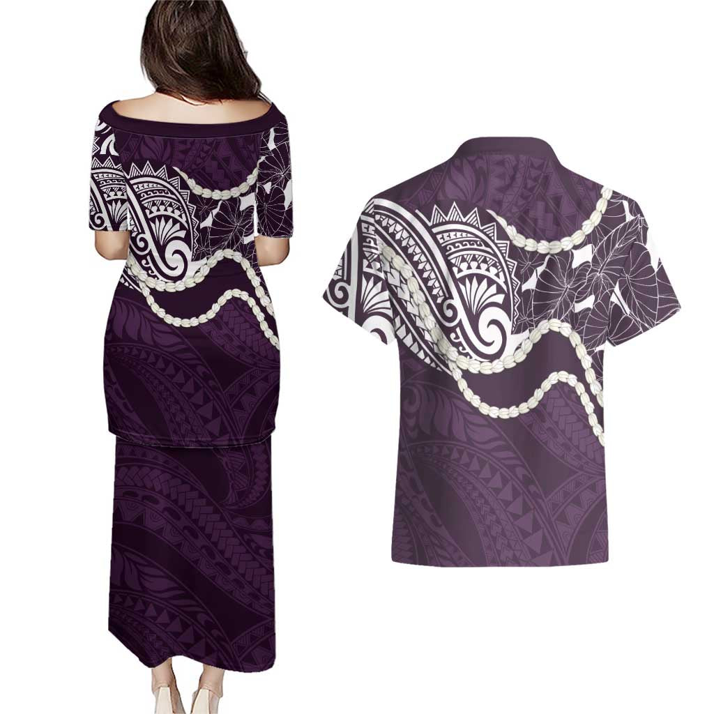 Aloha Hawaii Kalo Pikake Lei Couples Matching Puletasi and Hawaiian Shirt Chest Tattoo Purple Hawaiian Pattern