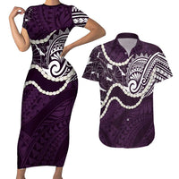 Aloha Hawaii Kalo Pikake Lei Couples Matching Short Sleeve Bodycon Dress and Hawaiian Shirt Chest Tattoo Purple Hawaiian Pattern