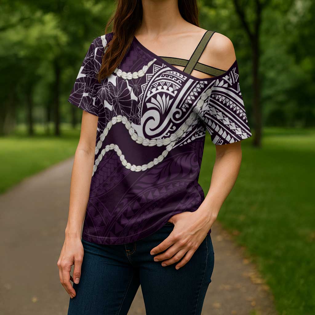 Aloha Hawaii Kalo Pikake Lei Cross Shoulder Shirt Chest Tattoo Purple Hawaiian Pattern