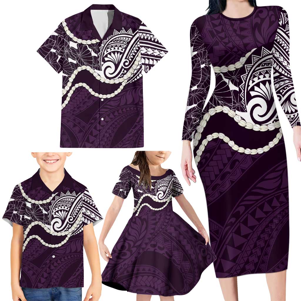 Aloha Hawaii Kalo Pikake Lei Family Matching Long Sleeve Bodycon Dress and Hawaiian Shirt Chest Tattoo Purple Hawaiian Pattern LT14 - Polynesian Pride
