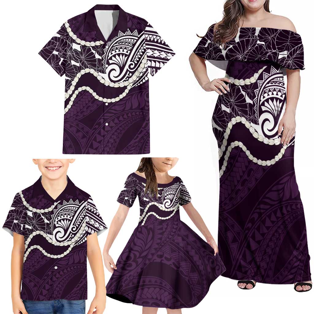 Aloha Hawaii Kalo Pikake Lei Family Matching Off Shoulder Maxi Dress and Hawaiian Shirt Chest Tattoo Purple Hawaiian Pattern LT14 - Polynesian Pride