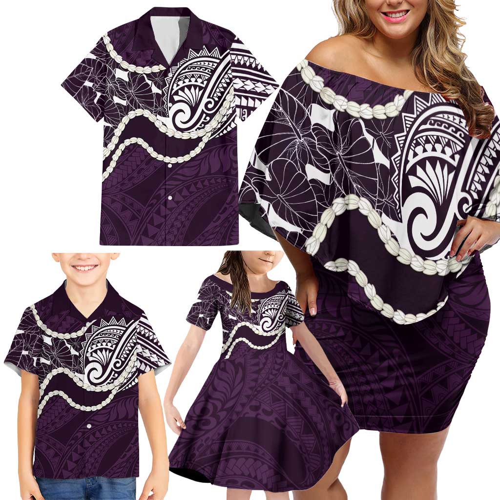 Aloha Hawaii Kalo Pikake Lei Family Matching Off Shoulder Short Dress and Hawaiian Shirt Chest Tattoo Purple Hawaiian Pattern