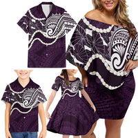 Aloha Hawaii Kalo Pikake Lei Family Matching Off Shoulder Short Dress and Hawaiian Shirt Chest Tattoo Purple Hawaiian Pattern