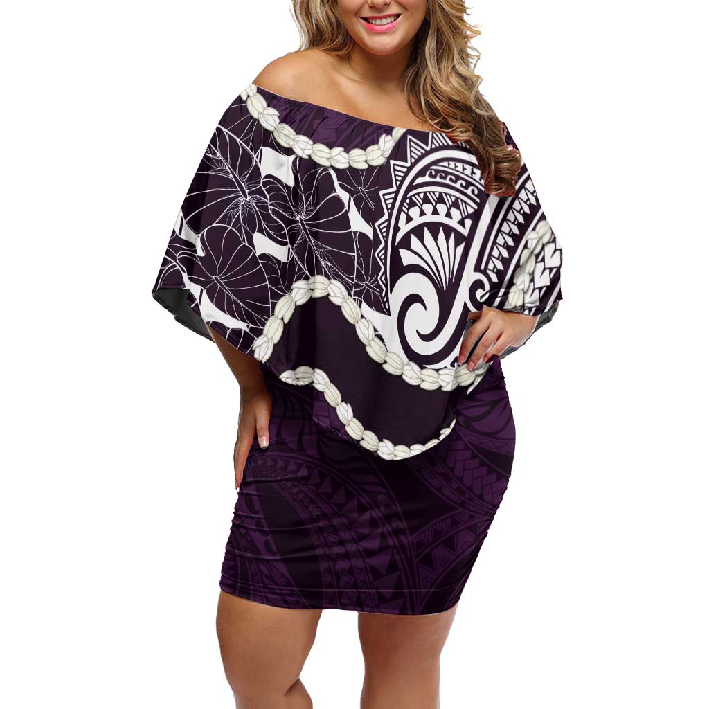 Aloha Hawaii Kalo Pikake Lei Family Matching Off Shoulder Short Dress and Hawaiian Shirt Chest Tattoo Purple Hawaiian Pattern