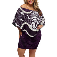 Aloha Hawaii Kalo Pikake Lei Family Matching Off Shoulder Short Dress and Hawaiian Shirt Chest Tattoo Purple Hawaiian Pattern