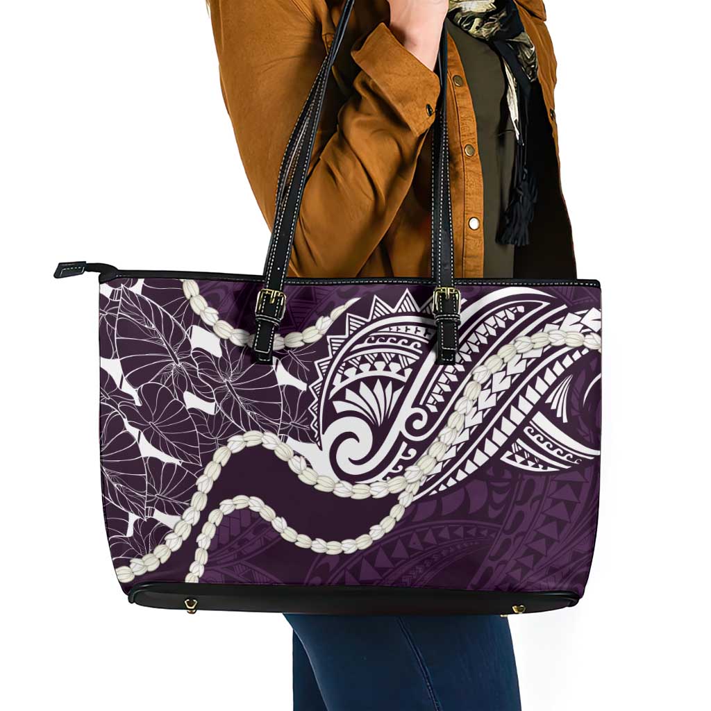 Aloha Hawaii Kalo Pikake Lei Leather Tote Bag Chest Tattoo Purple Hawaiian Pattern