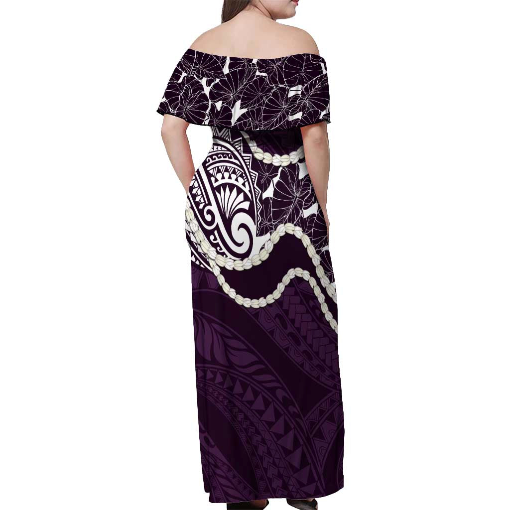 Aloha Hawaii Kalo Pikake Lei Off Shoulder Maxi Dress Chest Tattoo Purple Hawaiian Pattern LT14 - Polynesian Pride