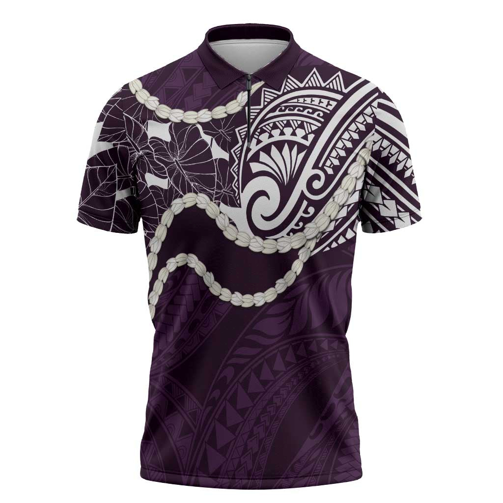 Aloha Hawaii Kalo Pikake Lei Zipper Polo Shirt Chest Tattoo Purple Hawaiian Pattern