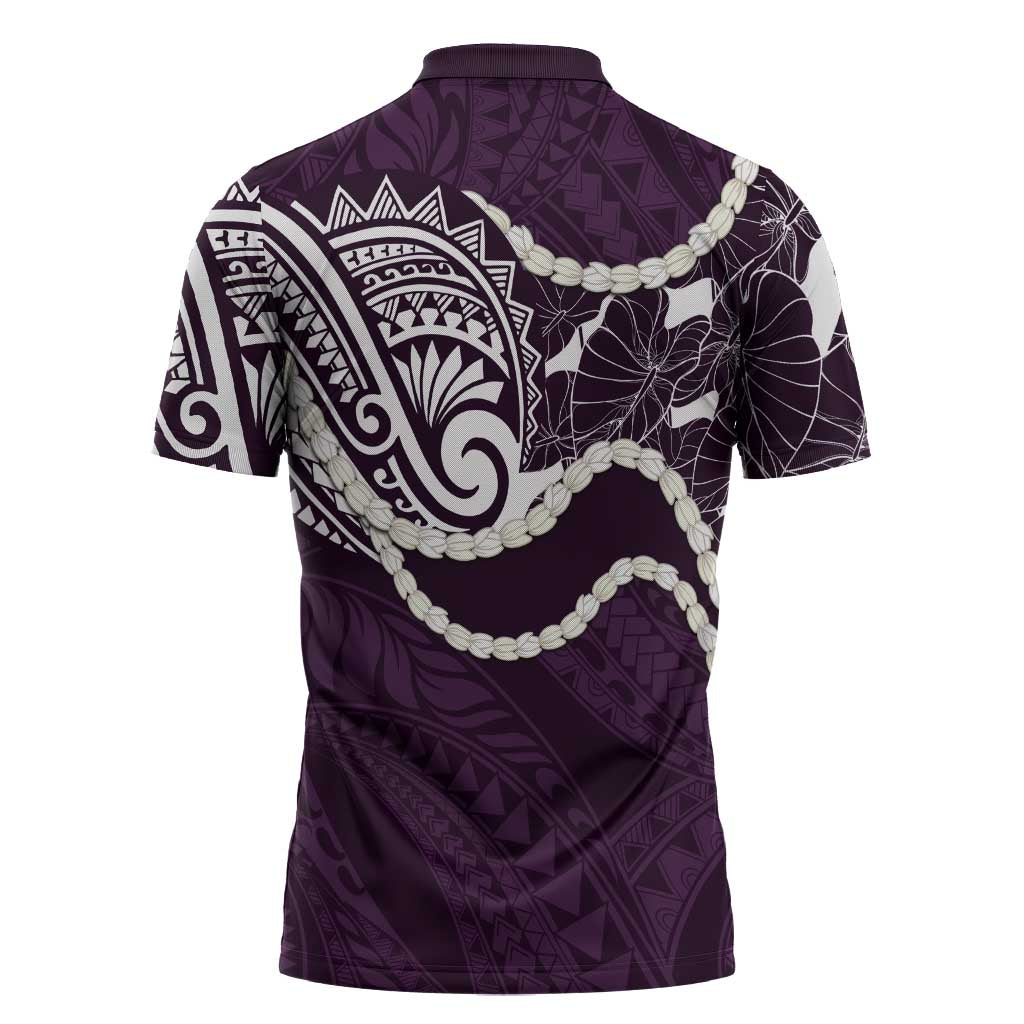 Aloha Hawaii Kalo Pikake Lei Zipper Polo Shirt Chest Tattoo Purple Hawaiian Pattern