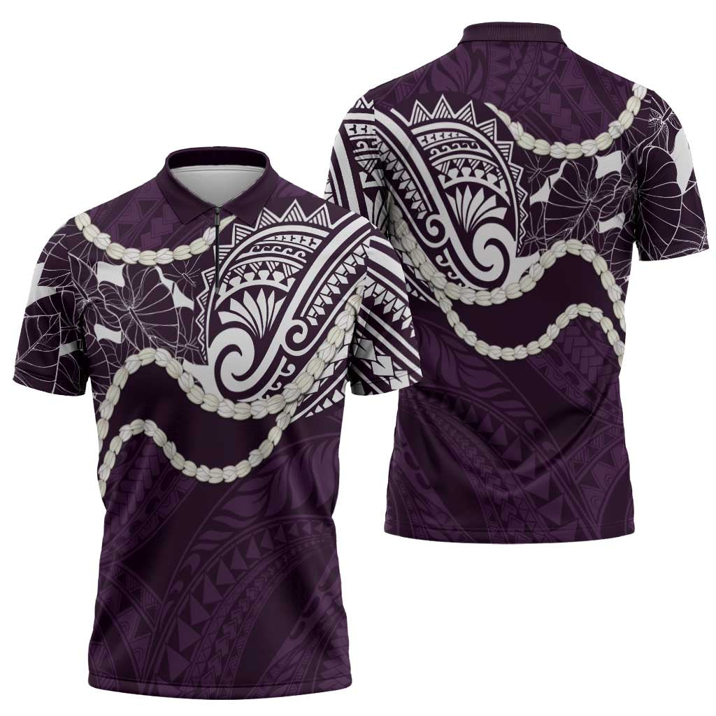 Aloha Hawaii Kalo Pikake Lei Zipper Polo Shirt Chest Tattoo Purple Hawaiian Pattern