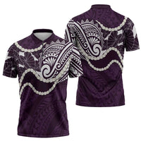 Aloha Hawaii Kalo Pikake Lei Zipper Polo Shirt Chest Tattoo Purple Hawaiian Pattern