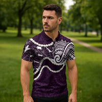 Aloha Hawaii Kalo Pikake Lei Zipper Polo Shirt Chest Tattoo Purple Hawaiian Pattern