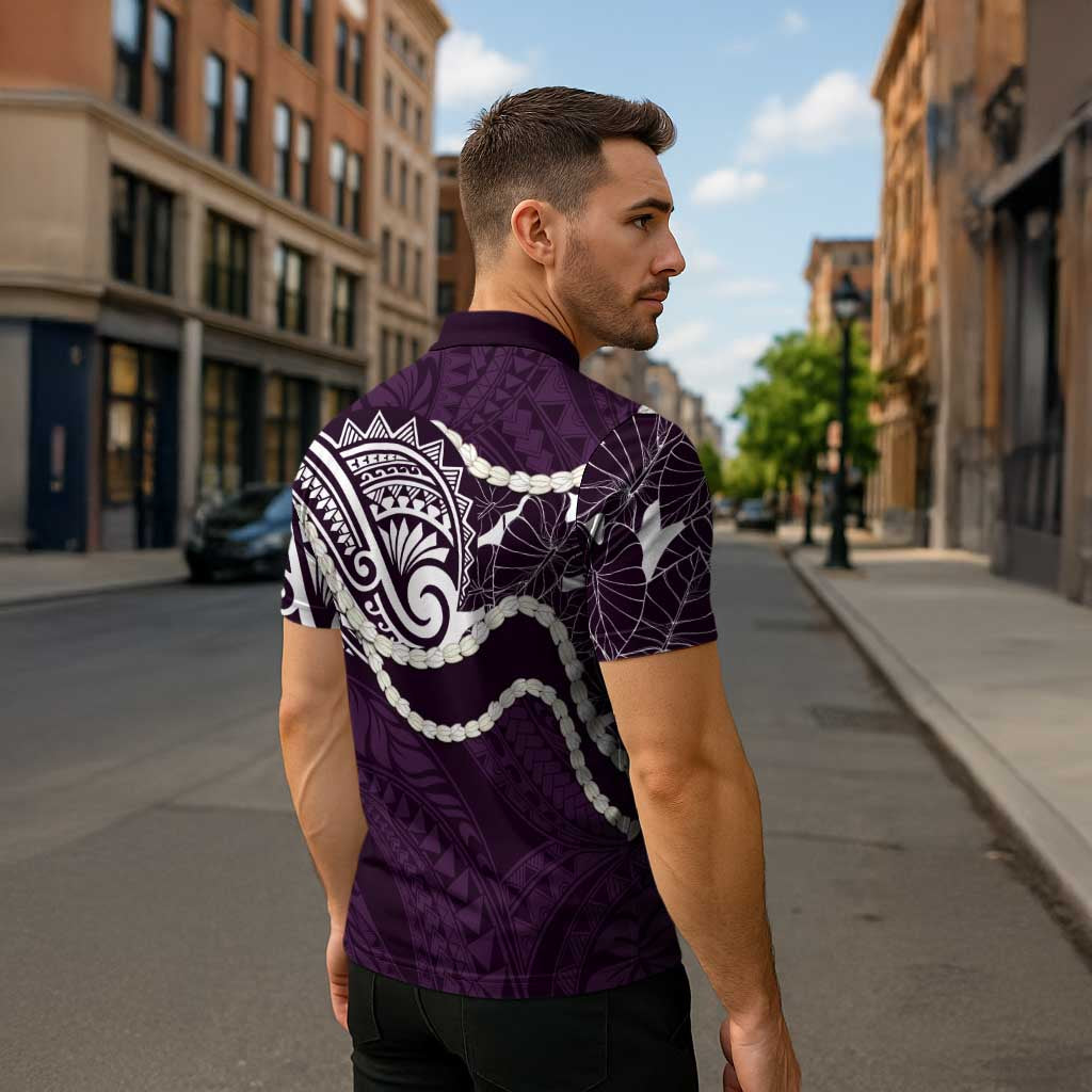 Aloha Hawaii Kalo Pikake Lei Zipper Polo Shirt Chest Tattoo Purple Hawaiian Pattern