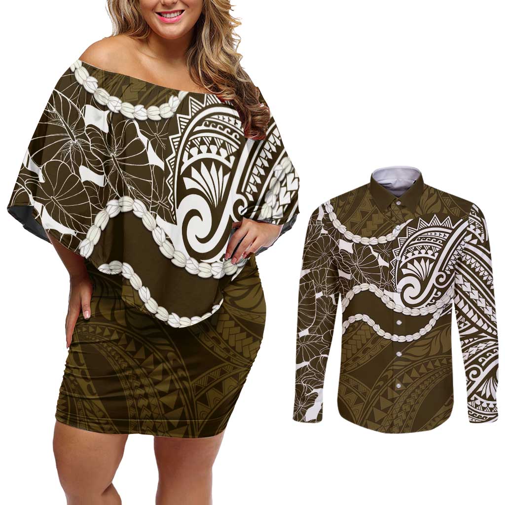 Aloha Hawaii Kalo Pikake Lei Couples Matching Off Shoulder Short Dress and Long Sleeve Button Shirt Chest Tattoo Gold Hawaiian Pattern