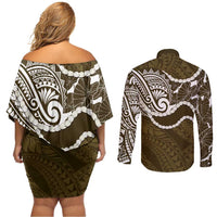 Aloha Hawaii Kalo Pikake Lei Couples Matching Off Shoulder Short Dress and Long Sleeve Button Shirt Chest Tattoo Gold Hawaiian Pattern
