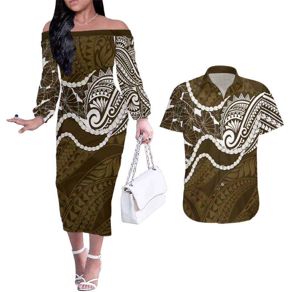 Aloha Hawaii Kalo Pikake Lei Couples Matching Off The Shoulder Long Sleeve Dress and Hawaiian Shirt Chest Tattoo Gold Hawaiian Pattern LT14 Gold - Polynesian Pride