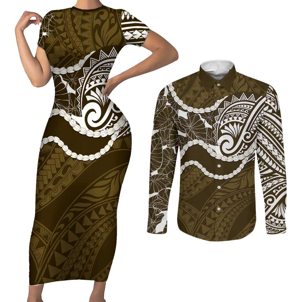 Aloha Hawaii Kalo Pikake Lei Couples Matching Short Sleeve Bodycon Dress and Long Sleeve Button Shirt Chest Tattoo Gold Hawaiian Pattern LT14 Gold - Polynesian Pride