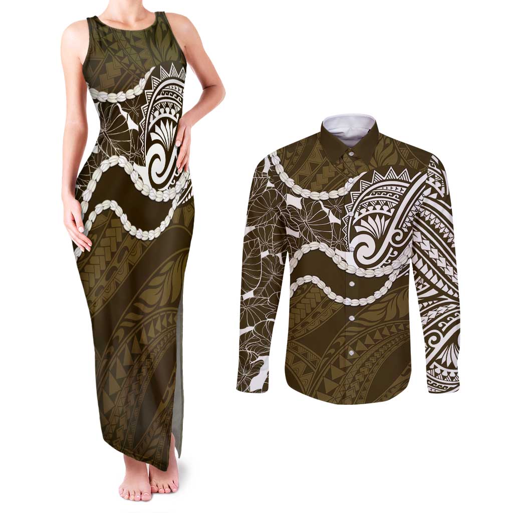 Aloha Hawaii Kalo Pikake Lei Couples Matching Tank Maxi Dress and Long Sleeve Button Shirt Chest Tattoo Gold Hawaiian Pattern LT14 Gold - Polynesian Pride