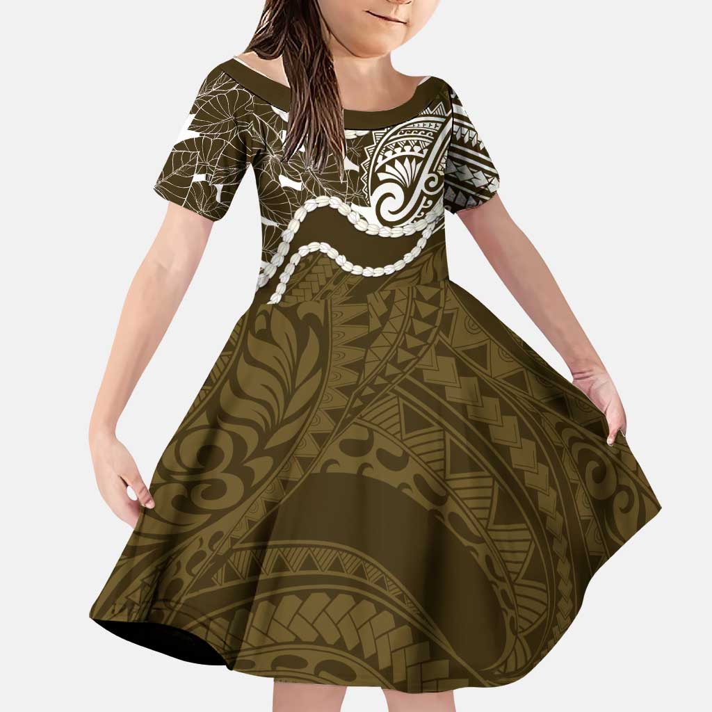 Aloha Hawaii Kalo Pikake Lei Family Matching Tank Maxi Dress and Hawaiian Shirt Chest Tattoo Gold Hawaiian Pattern LT14 Daughter's Dress Gold - Polynesian Pride