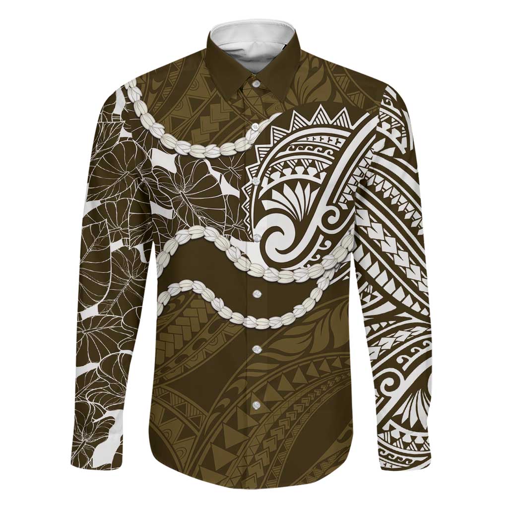 Aloha Hawaii Kalo Pikake Lei Family Matching Tank Maxi Dress and Hawaiian Shirt Chest Tattoo Gold Hawaiian Pattern LT14 Dad's Shirt - Long Sleeve Gold - Polynesian Pride
