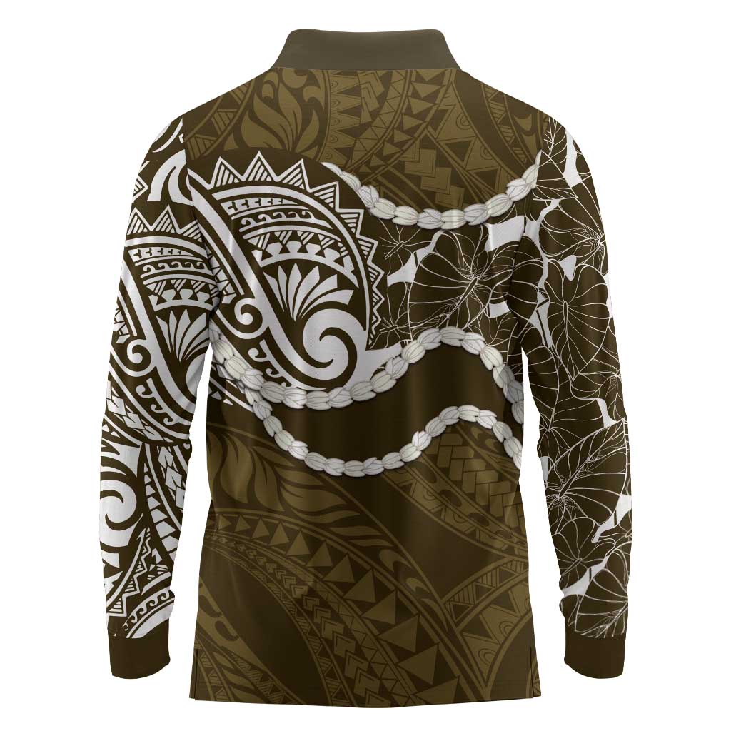 Aloha Hawaii Kalo Pikake Lei Long Sleeve Polo Shirt Chest Tattoo Gold Hawaiian Pattern