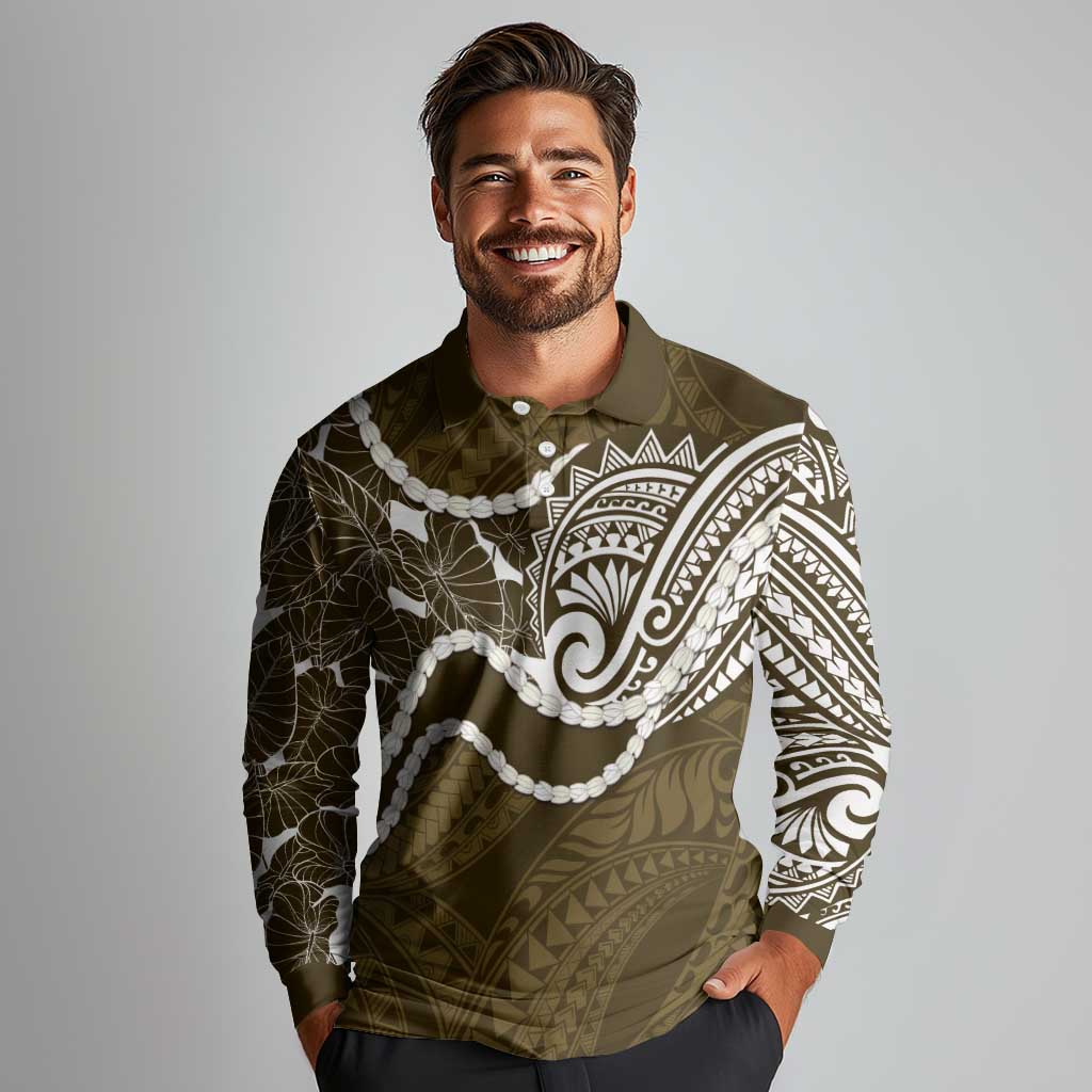 Aloha Hawaii Kalo Pikake Lei Long Sleeve Polo Shirt Chest Tattoo Gold Hawaiian Pattern