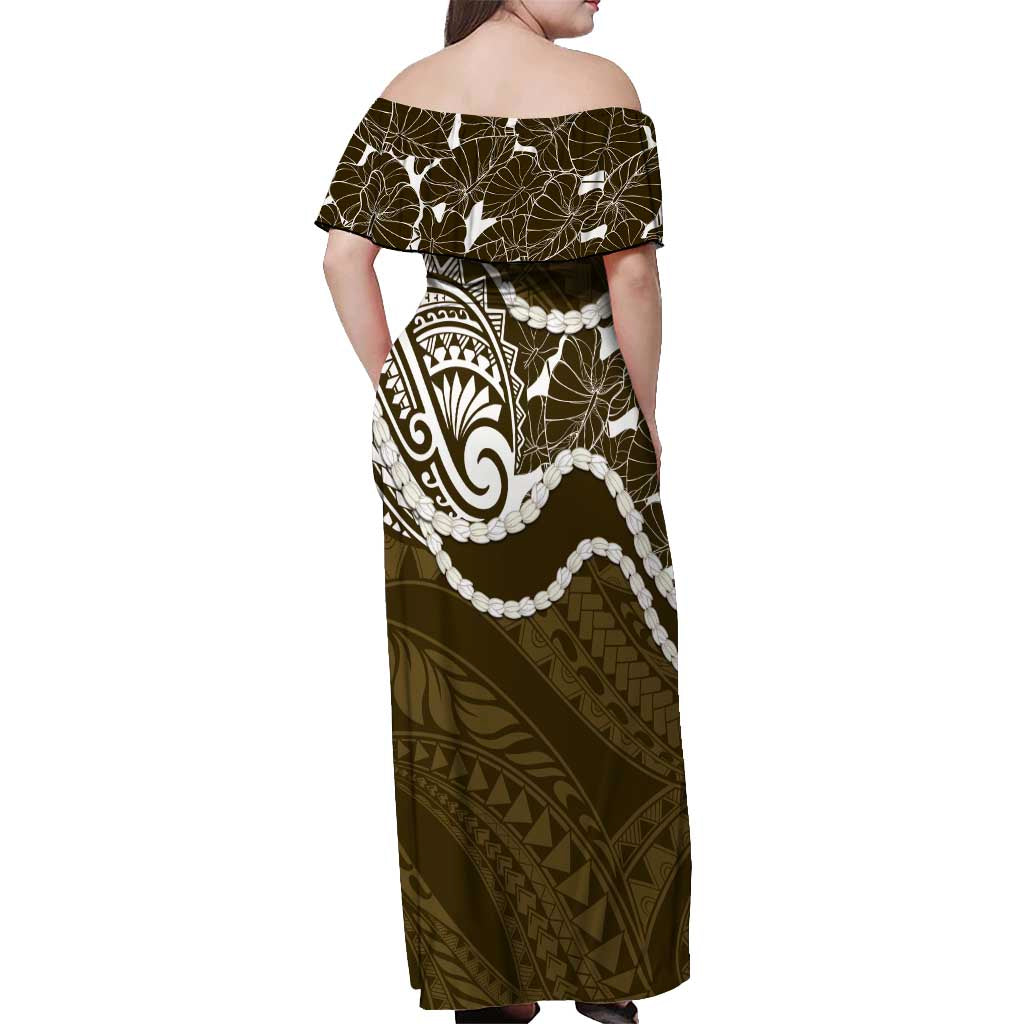 Aloha Hawaii Kalo Pikake Lei Off Shoulder Maxi Dress Chest Tattoo Gold Hawaiian Pattern LT14 - Polynesian Pride
