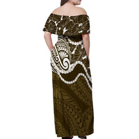 Aloha Hawaii Kalo Pikake Lei Off Shoulder Maxi Dress Chest Tattoo Gold Hawaiian Pattern LT14 - Polynesian Pride