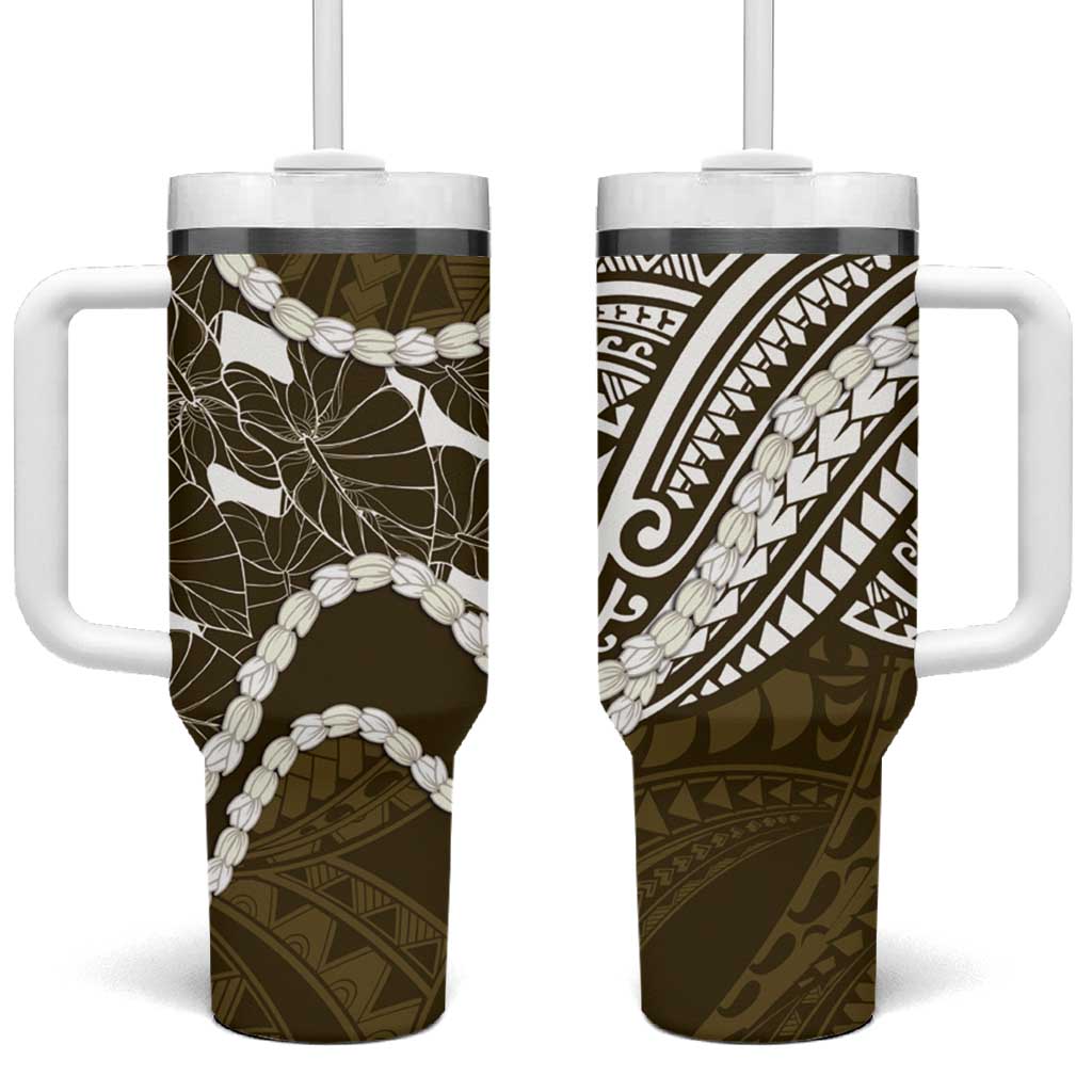 Aloha Hawaii Kalo Pikake Lei Tumbler With Handle Chest Tattoo Gold Hawaiian Pattern