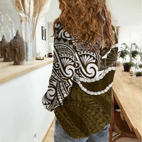 Aloha Hawaii Kalo Pikake Lei Women Casual Shirt Chest Tattoo Gold Hawaiian Pattern