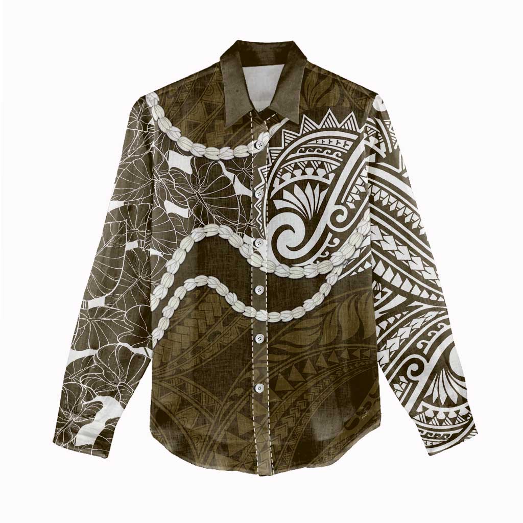 Aloha Hawaii Kalo Pikake Lei Women Casual Shirt Chest Tattoo Gold Hawaiian Pattern