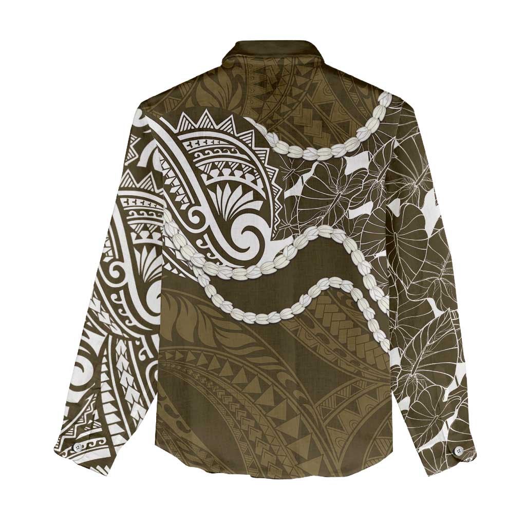 Aloha Hawaii Kalo Pikake Lei Women Casual Shirt Chest Tattoo Gold Hawaiian Pattern
