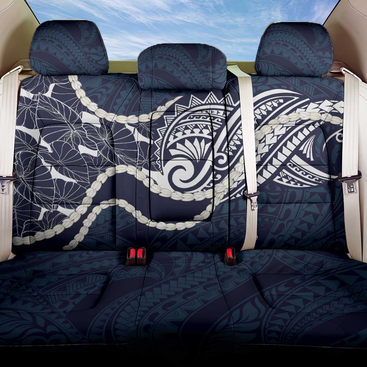 Aloha Hawaii Kalo Pikake Lei Back Car Seat Cover Chest Tattoo Oxford Blue Hawaiian Pattern