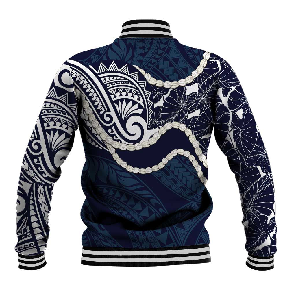 Aloha Hawaii Kalo Pikake Lei Baseball Jacket Chest Tattoo Oxford Blue Hawaiian Pattern LT14 - Polynesian Pride