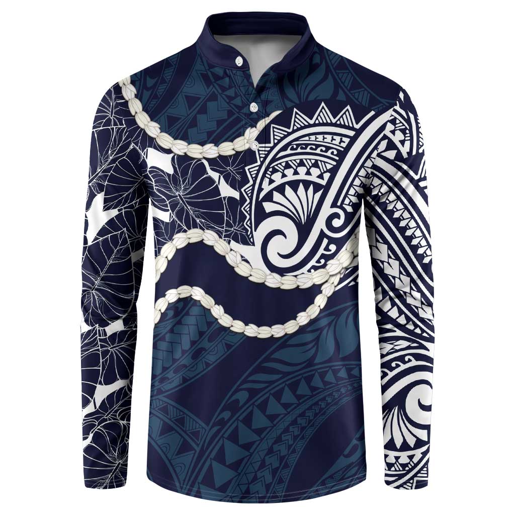 Aloha Hawaii Kalo Pikake Lei Button Sweatshirt Chest Tattoo Oxford Blue Hawaiian Pattern